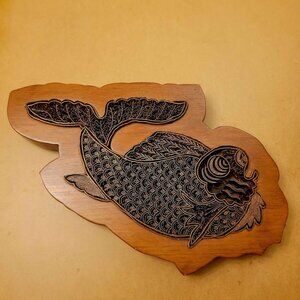 Vintage Koi Fish Tjap/Cap Stamp Block Made Out of Copper And Placed In Teak Wood